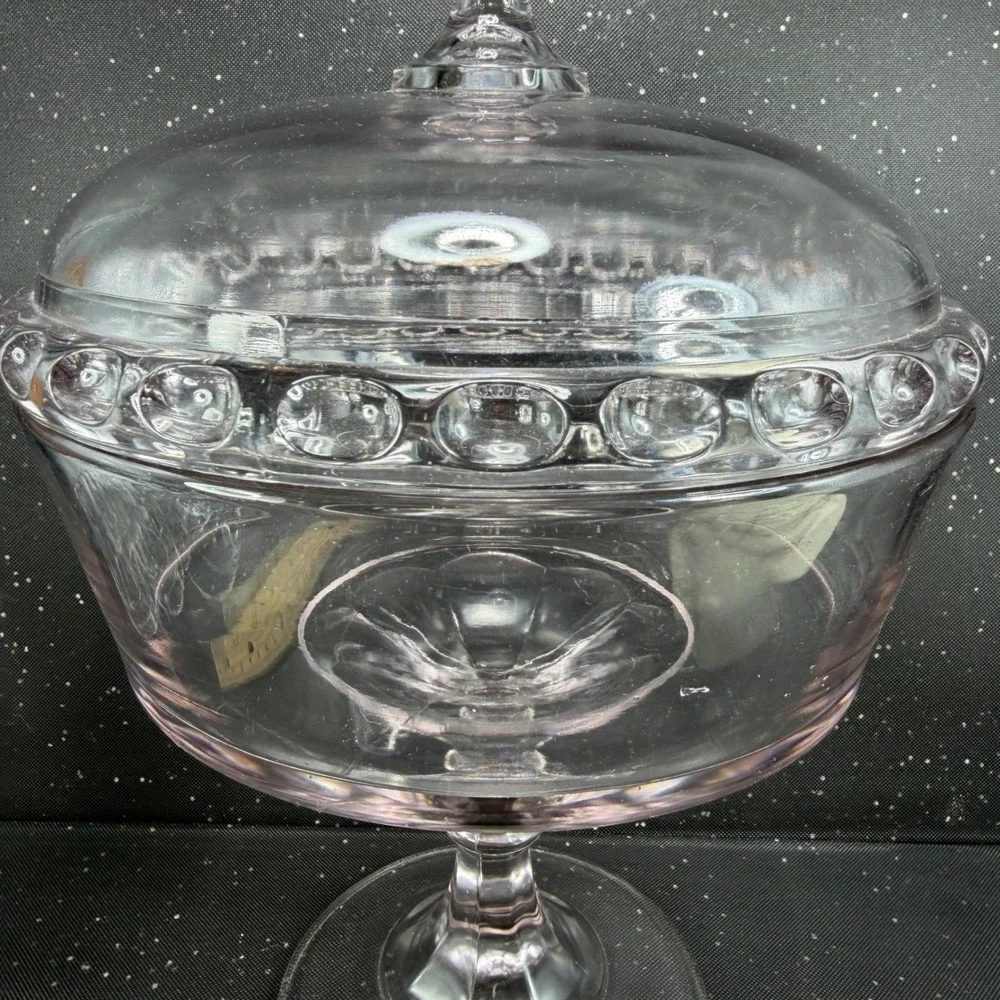 George Ripley Dakota Pattern Glass Pedestal Compote Lilac Tint Lid 11.5in Clear